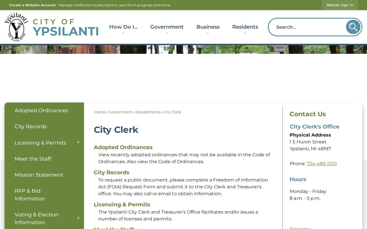 Ypsilanti residents directory City Clerk records route