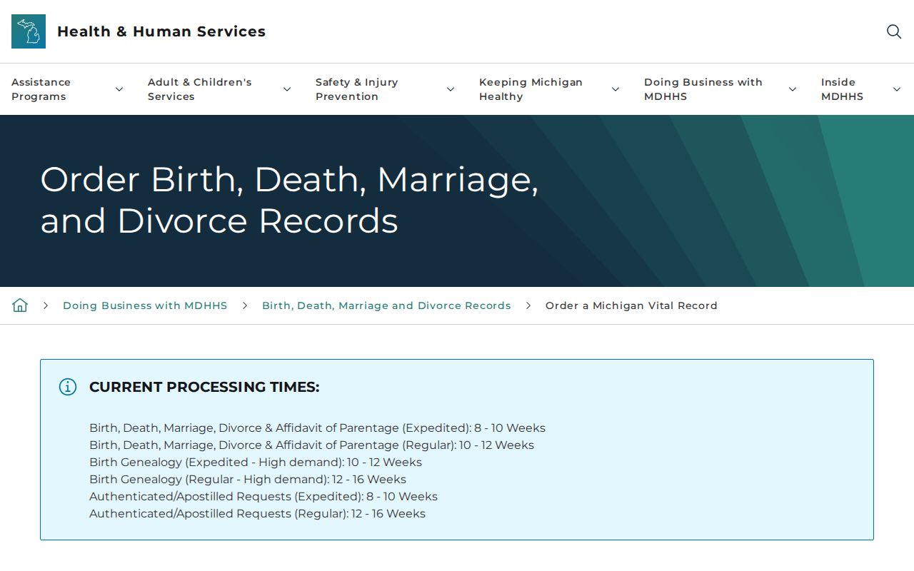 Ypsilanti resident lookup Michigan vital record order page