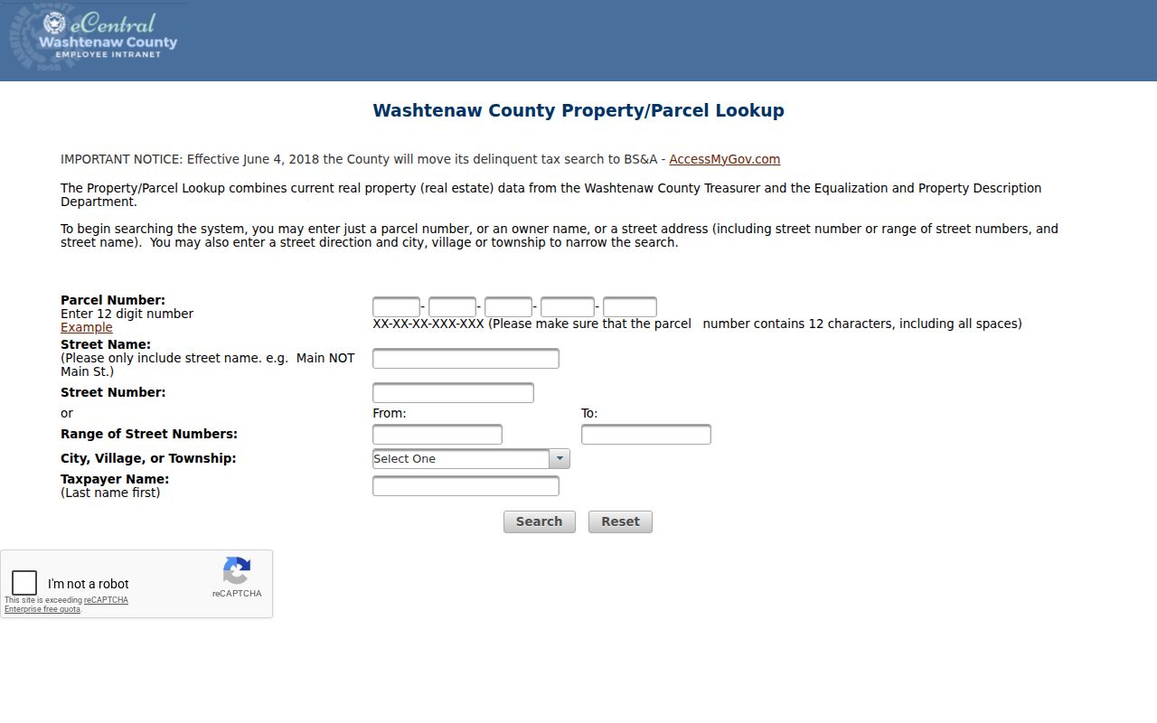 Ypsilanti street directory Washtenaw County parcel street search fields