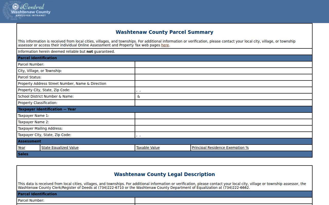 Ypsilanti street directory Washtenaw parcel summary and sales history fields