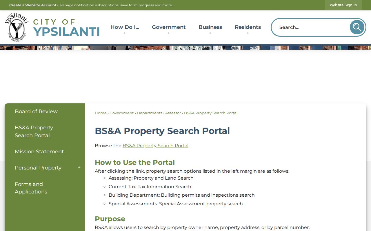 Ypsilanti street directory city BS&A property search portal